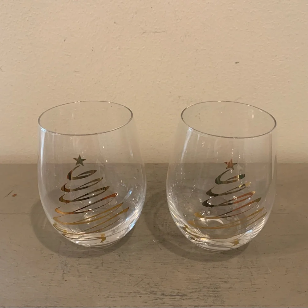 Two Pier 1 Holiday Stemless Wine Glasses